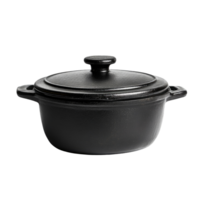 Black cast iron cooking pot with lid isolated on transparent background, png