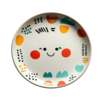 Smiling decorative plate with colorful design and playful patterns isolated on transparent background, png