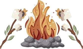 icon of roasted marshmallows on an open fire on a wooden stick with green leaves and a bright hearth with gray stones around it vector
