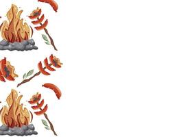 poster with an icon of sausages fried on an open fire on a wooden stick with green leaves and a bright hearth with gray stones around it vector