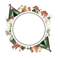 round frame of various icons of transport and equipment and food and accessories on the theme of camping or recreation with a white circle in the middle vector