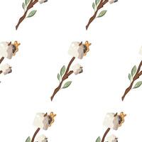 pattern with an icon of a marshmallow roasted on an open fire on a wooden stick with green leaves, for camping designs vector