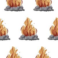 pattern with an icon of a bright campfire with flames and gray stones laid out around it, for designs on the theme of recreation and hiking vector
