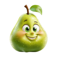 Happy green pear character with a smile and leaf isolated on transparent background, png