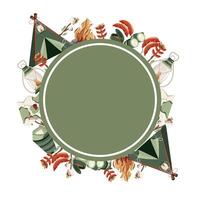 round frame of various icons of transport and equipment and food and accessories on the theme of camping or recreation with a green circle in the middle vector