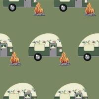 pattern with an icon of a green camping trailer and a bright campfire with gray stones around it on a green background vector