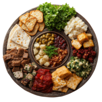 Assorted appetizer platter featuring crackers, cheeses, olives, and meats on a decorative tray isolated on transparent background, png