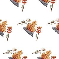 pattern with an icon of roasted marshmallows and sausages on an open fire on a wooden stick with green leaves and a bright hearth with gray stones around it vector