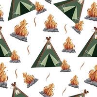 seamless pattern with a camping tent and a bright bonfire and gray stones around it vector