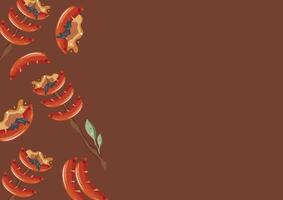 poster with an icon of sausages fried on an open fire on a wooden stick with green leaves on a red background vector