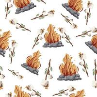 seamless pattern with an icon of roasted marshmallows on an open fire on a wooden stick with green leaves and a bright hearth with gray stones around it vector