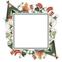 rectangular frame of various icons of transportation and equipment and food and accessories on the theme of camping or recreation with a white rectangle in the middle vector