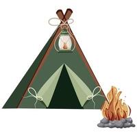 simple icon of a protective tent for camping and recreation and with a bright bonfire near it vector