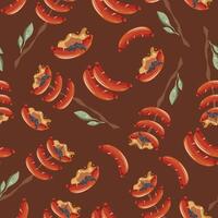 seamless pattern with an icon of fried sausages on an open fire on a wooden stick with green leaves on a red background vector