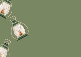poster with an icon of an oil lamp for hiking or camping with a bright light inside and a long handle on a green background vector