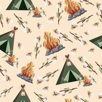 seamless pattern with an icon of a small green tent for hiking or camping and a bright bonfire and marshmallows on a stick on a brown background vector