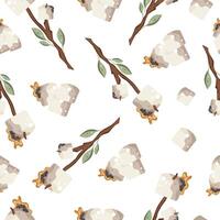 seamless pattern with an icon of roasted marshmallows on an open fire on a wooden stick with green leaves, for camping designs vector