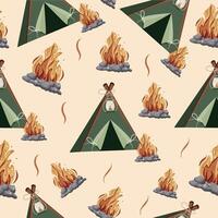 seamless pattern with a camping tent and a bright bonfire and gray stones around it on a brown background vector