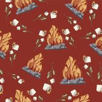 seamless pattern with an icon of roasted marshmallows on an open fire on a wooden stick with green leaves and a bright hearth with gray stones around it on a red background vector