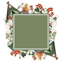 rectangular frame of various icons of transportation and equipment and food and accessories on the theme of camping or recreation with a green rectangle in the middle vector