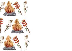 poster with an icon of roasted marshmallows and sausages on an open fire on a wooden stick with green leaves and a bright hearth with gray stones around it vector