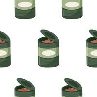 pattern with icon of green camping tin can with stew, food for camping vector