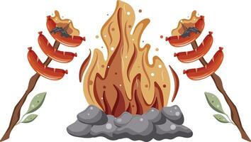 icon of fried sausages on an open fire on a wooden stick with green leaves and a bright hearth with gray stones around it vector