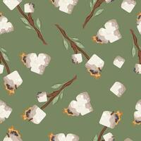 seamless pattern with an icon of roasted marshmallows on an open fire on a wooden stick with green leaves on a green background, for camping designs vector