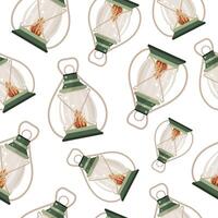 seamless pattern with an oil lamp icon for hiking or camping with a bright light inside and a long handle vector
