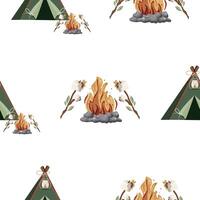 pattern with an icon of a camping tent for relaxation and a bright fire next to it on which marshmallows are being roasted vector