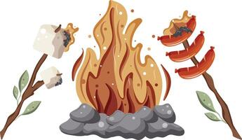 icon of roasted marshmallows and sausages on an open fire on a wooden stick with green leaves and a bright hearth with gray stones around it vector