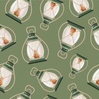 seamless pattern with an oil lamp icon for hiking or camping with a bright light inside and a long handle on a green background vector