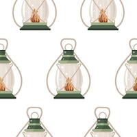 pattern with an icon of an oil lamp for hiking or camping with a bright light inside and a long handle vector