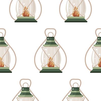pattern with an icon of an oil lamp for hiking or camping with a bright light inside and a long handle