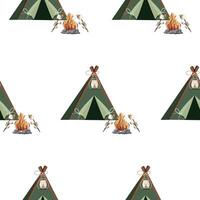 pattern with an icon of a small, covered tent for hiking or camping and a bright bonfire and marshmallow on a stick vector
