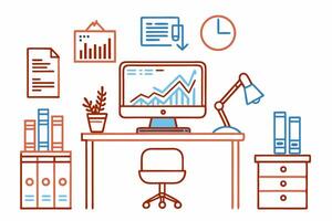 An illustration of a desk with a computer, books, and other items vector