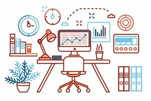 A desk with a computer, clock, and other items vector