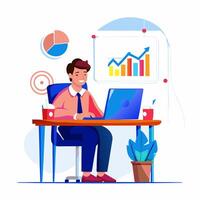 Businessman working on laptop in office with graphs and charts vector