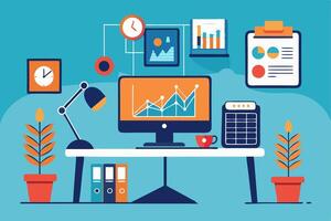 An illustration of a desk with a computer, a clock, and other items vector