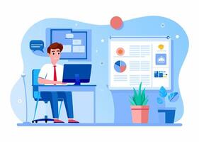Man working on his laptop in front of a whiteboard vector