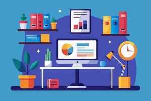 An office desk with a computer, books, and other items vector