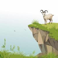 Wild grass, light fog, and mountain goats near the edge of a rugged sea-facing cliff vector