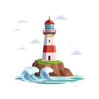 A classic lighthouse on top of the cliff, waves crashing below vector