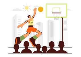 Youth Basketball Match Featuring Smiling Player in Uniform on Flat Background vector