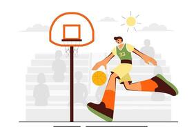 Illustration of Smiling Young Basketball Player in Action on a Flat Style Court Background vector