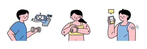 People using fitness technology and wearable devices for health tracking and smart exercise. vector