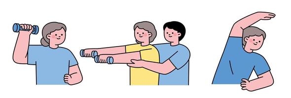 Flat illustration of seniors doing fitness training and stretching with dumbbells, ideal for wellness, active aging, and group exercise content. vector