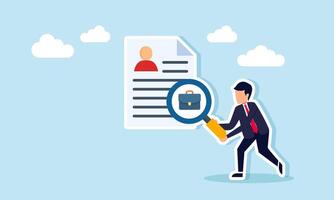 A businessman holding a magnifying glass in front of a CV or curriculum vitae while observing a briefcase, illustration of searching for a suitable employee candidate vector