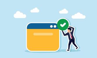 A businessman carrying a check mark sign next to an application platform interface, illustration of a verified business application platform vector