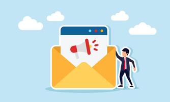 A businessman stands next to an envelope containing an app interface with a megaphone, illustration of broadcast mail message to reach many clients or customers vector